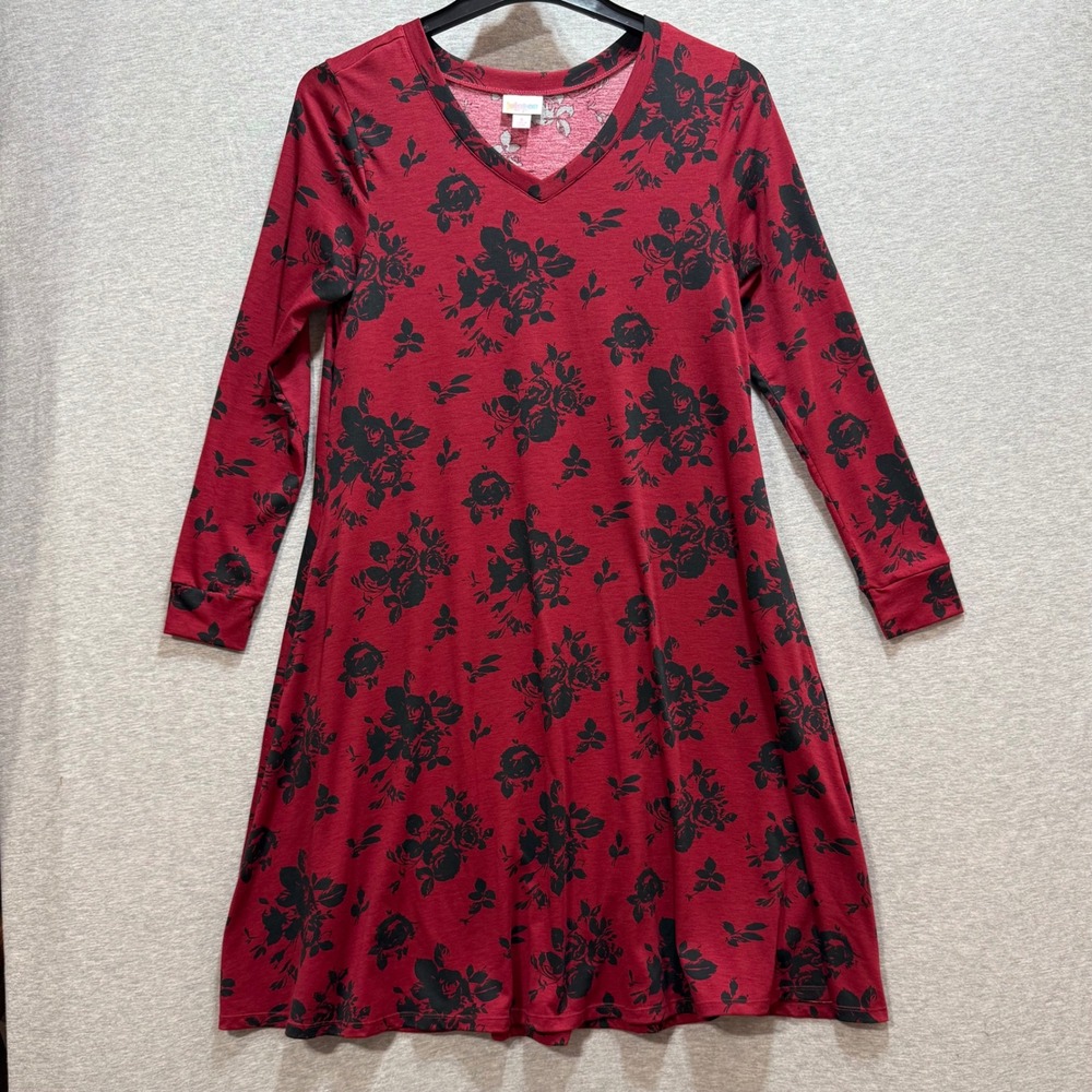 LuLaRoe Amy Swing Dress Womens Small Red Black Floral Long Sleeve V-Neck Modest